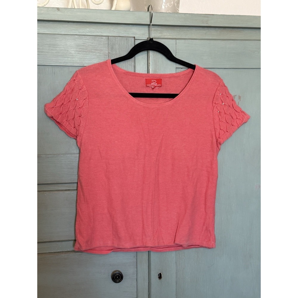 Oscar De La Renta Women's Sweater Shirt, Size Medium, Coral, Sequin‎ Accents